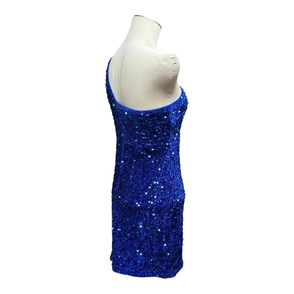 One Shoulder Velvety Sequin Mini Dress Blue Medium
